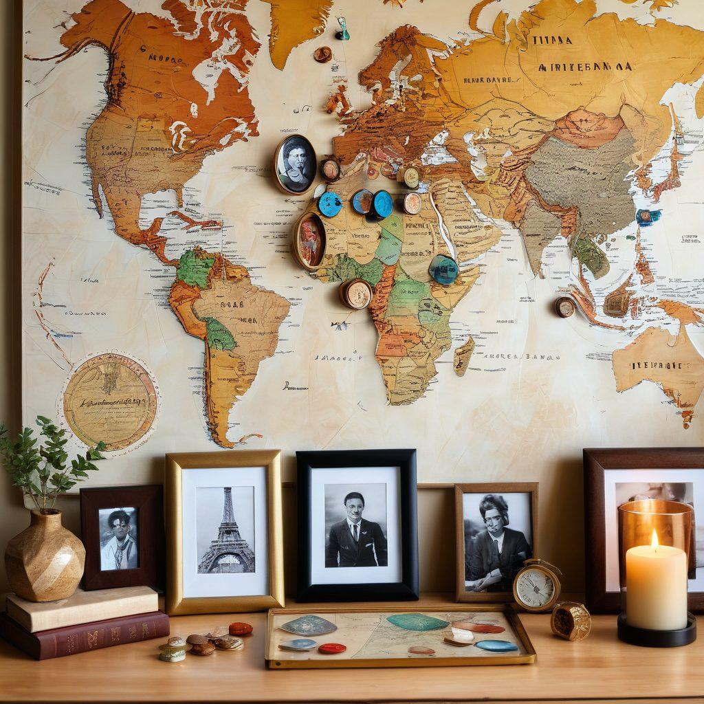 A beautifully arranged display of personalized gifts, such as engraved photo frames, custom travel tokens, and unique souvenirs from different cultures, surrounded by soft, warm lighting. In the background, a travel map with colorful pins marking various destinations adds an adventurous touch. The setting evokes a sense of nostalgia and the joy of gifting. super-realistic. warm colors. soft focus.