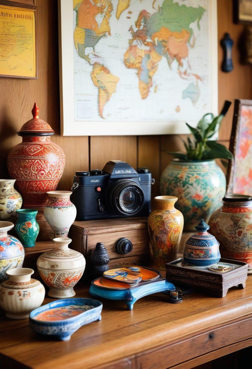 A beautifully arranged collection of unique souvenirs from around the world, including hand-painted ceramics, colorful textiles, and intricate carvings, displayed on a wooden table. The setting should evoke a sense of wanderlust, with a map and a camera in the background, hinting at travel adventures. Bright, inviting colors should dominate the image, emphasizing the beauty and diversity of souvenirs. super-realistic. vibrant colors.