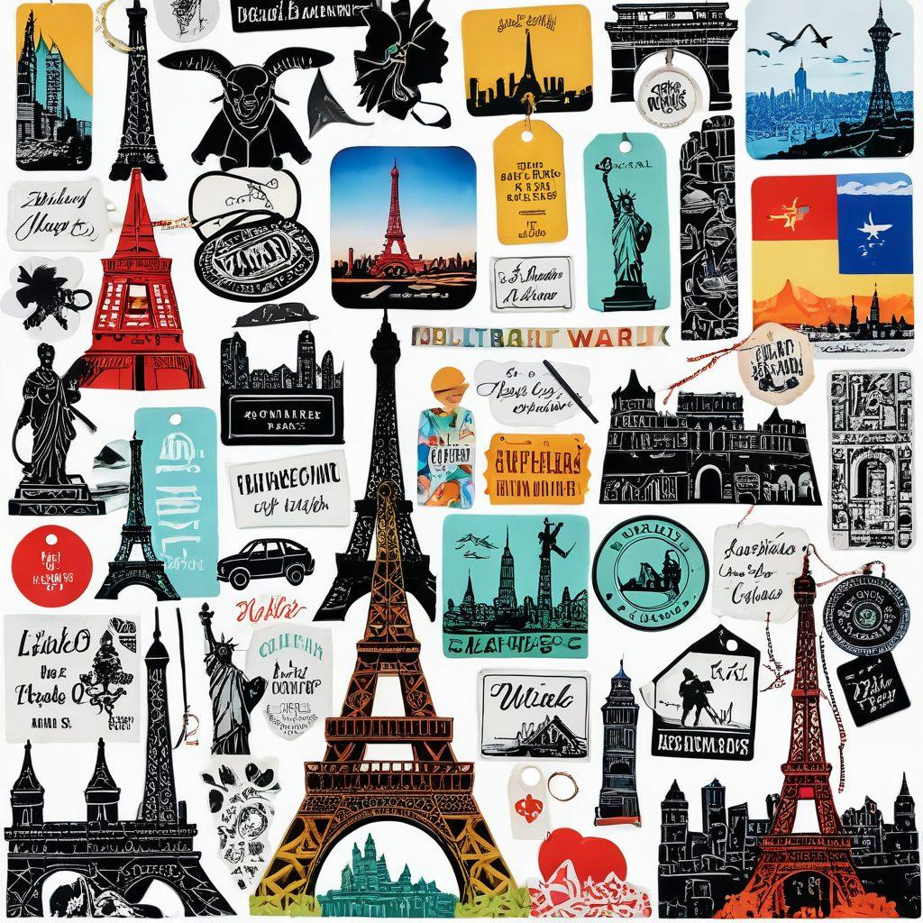 A vibrant collage of unique travel souvenirs against a backdrop of famous landmarks from around the world, featuring colorful keychains, personalized gifts like engraved photo frames, and artisanal crafts. The scene should evoke a sense of adventure and nostalgia, inviting viewers to explore the joy of collecting memories. Add in small descriptive labels or tags on some items for a playful touch. super-realistic. vibrant colors. white background.